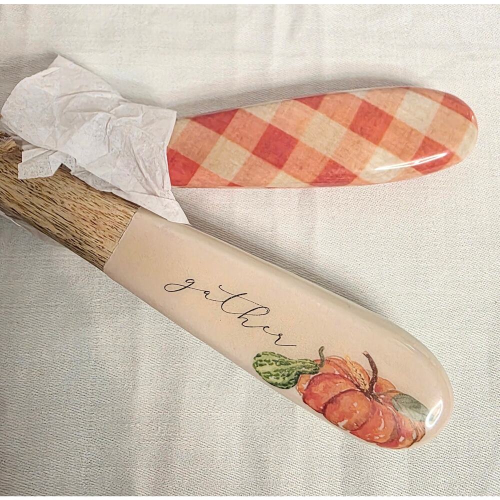 Mudpie Wooden Pumpkin Enamel Servers 12" Long New with Tags - Picture 2 of 5